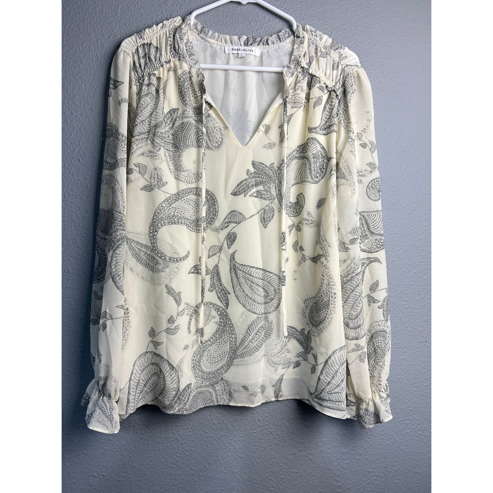 Rose + Olive Cream Gray Paisley Chiffon Tie Neck Blouse Lined Size Large Artsy